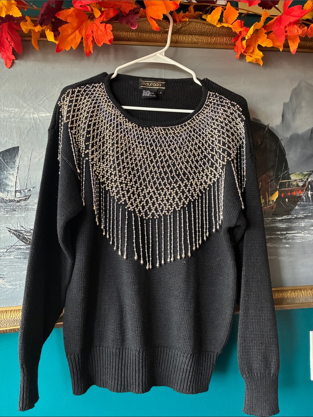 Vintage Maurada Black Silver Beaded Fringe Statement Sweater S